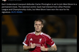 记者：利物浦19岁中卫平宁顿将永久转会西布朗